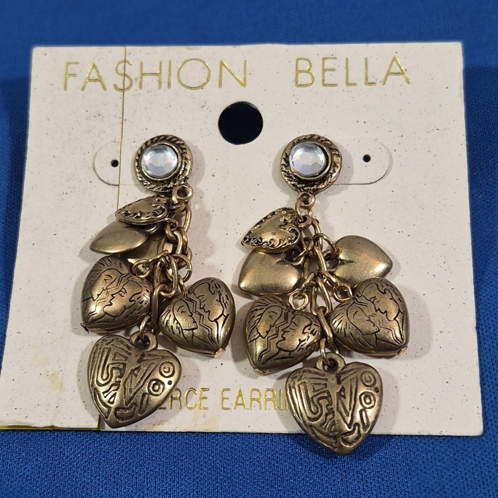 Vintage Fashion Earrings Gold-Tone Rhinestone Dangle Etched Hearts Romantic NOS